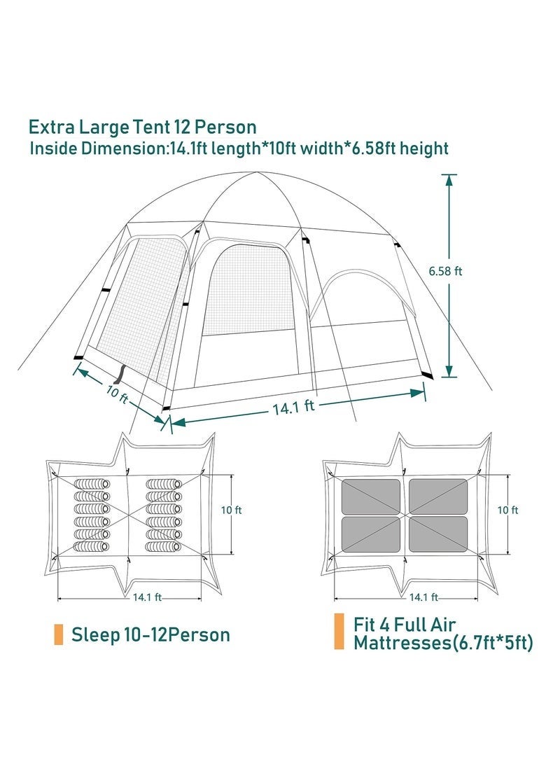 Arabest Camping Tent, Extra Large Tent 8-12 Person Family Cabin Tent, Double Layer Waterproof, 3 Doors and 3 Windows with Mesh, Big Tent for Camping, Outdoor, Picnic, Family, Friends Gathering - Image 2